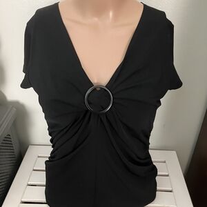 Apt. 9 Black Gathered V-Neck Blouse with Ring Accent